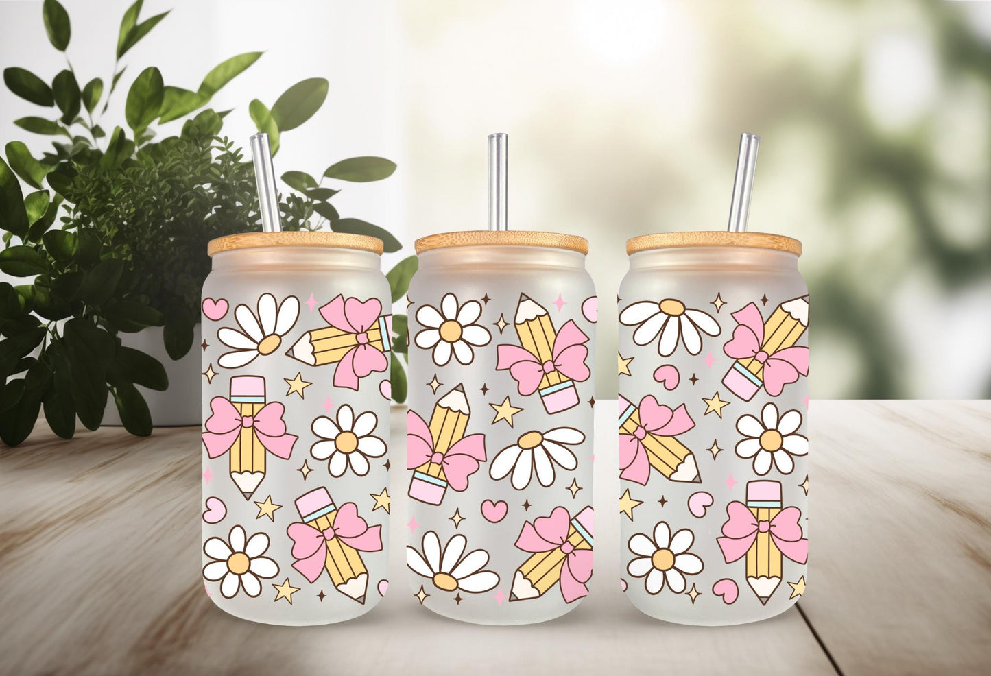 UVDTF Wrap Pencil Teacher Bow 16oz Can Glass Mug Tumbler, Teacher Wrap, Ready to apply, Permanent Waterproof Adhesive, Double Sided Print