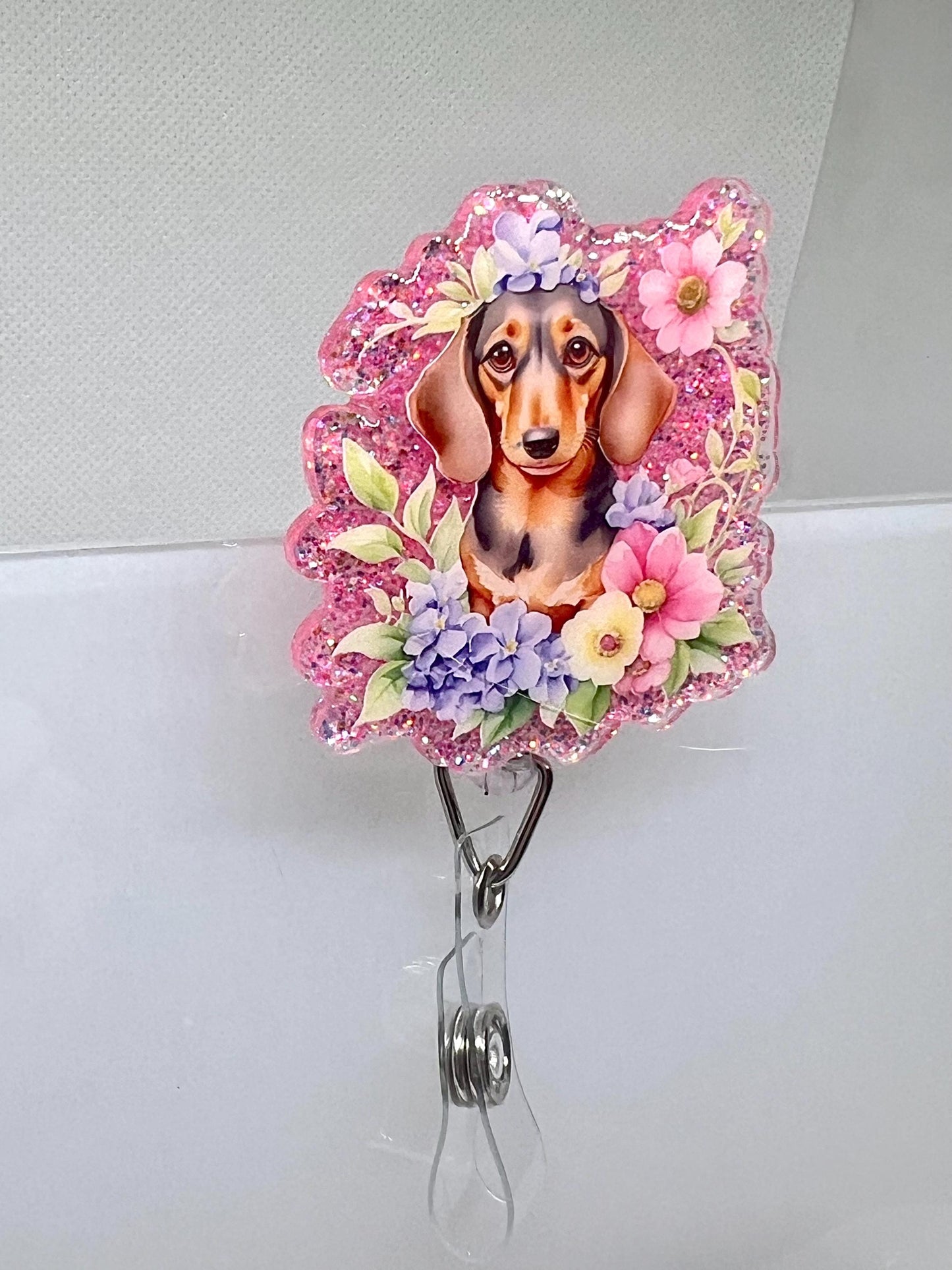 Floral Dachshund Badge Reel – Glitter Pink Design with Weiner Dog and Flowers, Retractable ID Holder for Pet Lovers