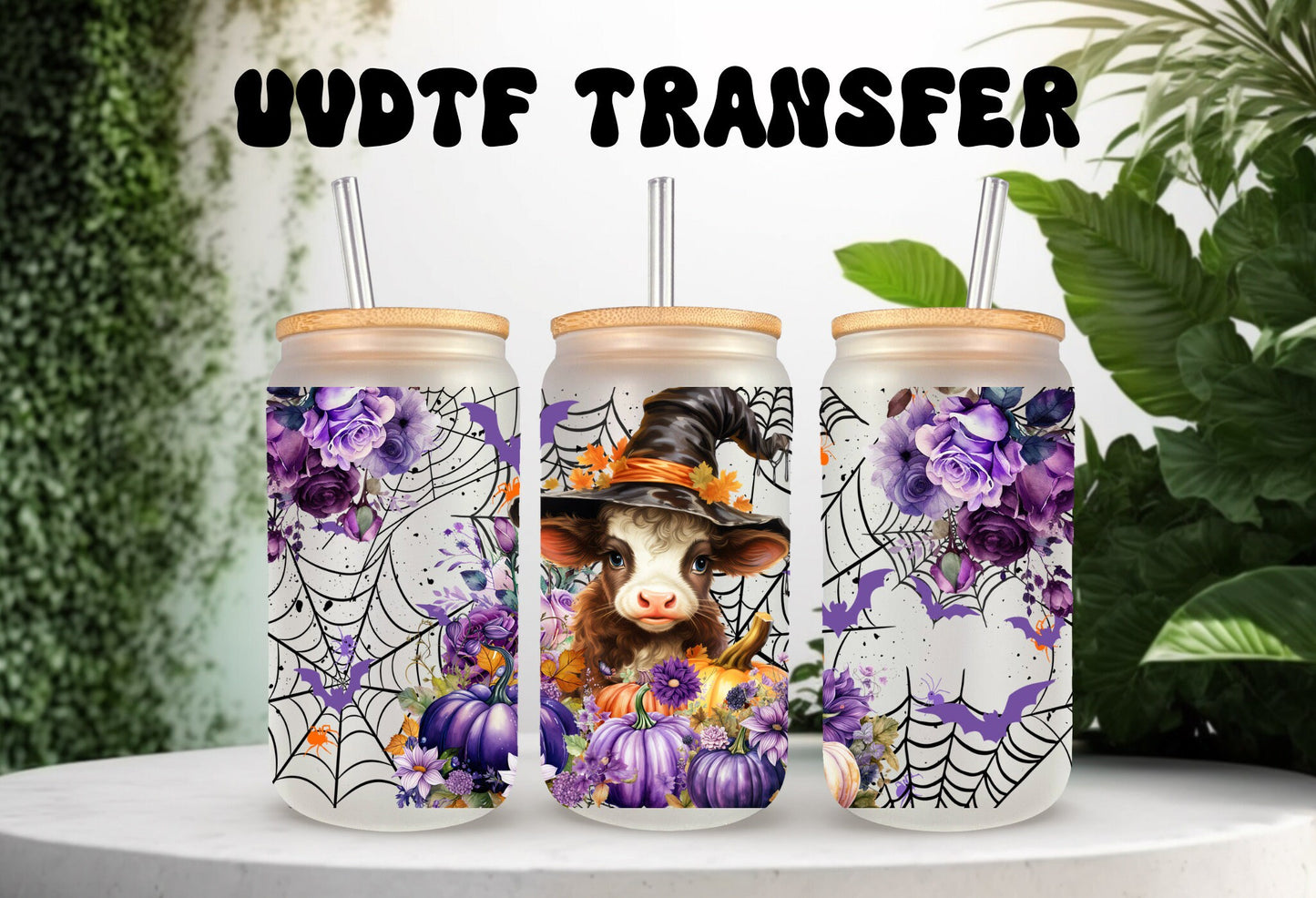 UVDTF Wrap Cow Witch Purple Floral Pumpkin 16oz Can Glass Mug Tumbler,  Ready to Apply, Permanent Waterproof Adhesive