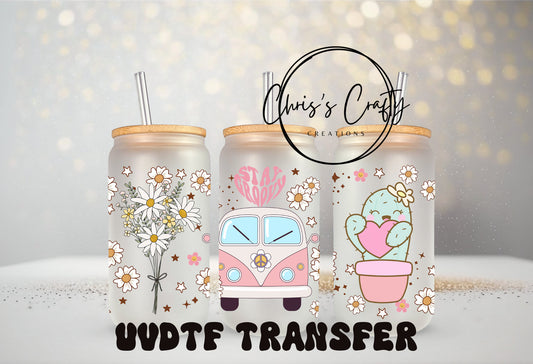 UVDTF Wrap Boho Retro Hippie Daisy Van 16oz Can Glass Mug Tumbler, Ready to apply, Permanent Waterproof Adhesive