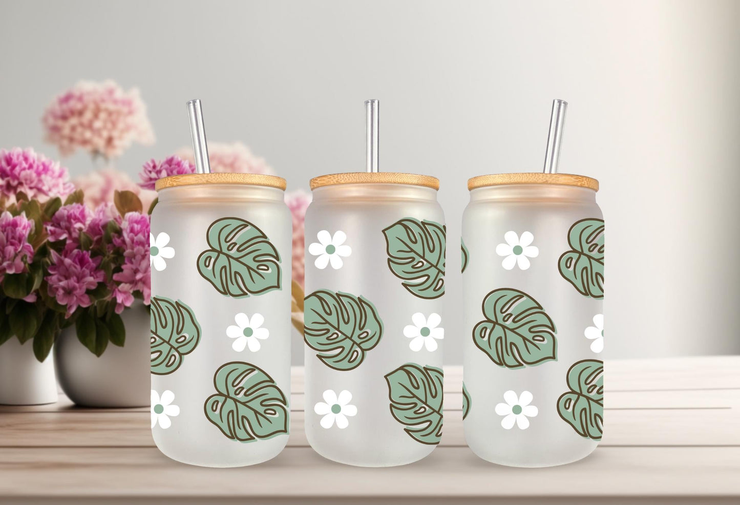 UVDTF Wrap Monstera Daisy Plants for 16oz Can Glass Mug Tumbler,  Plant Daisy Wrap, Ready to Apply, Permanent Waterproof Adhesive