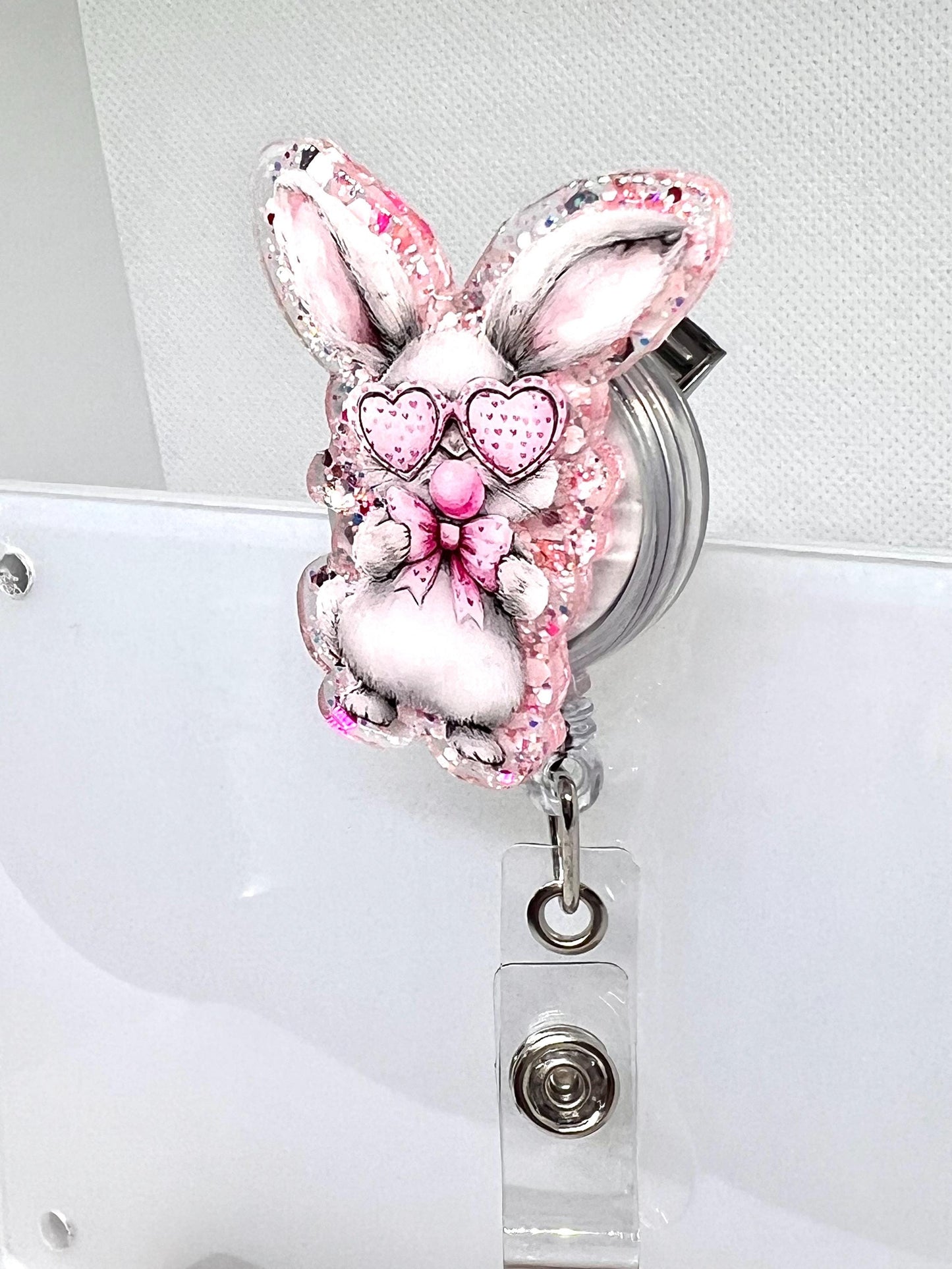 Adorable Bunny Badge Reel – Glitter Heart Glasses and Pink Design for ID Holders