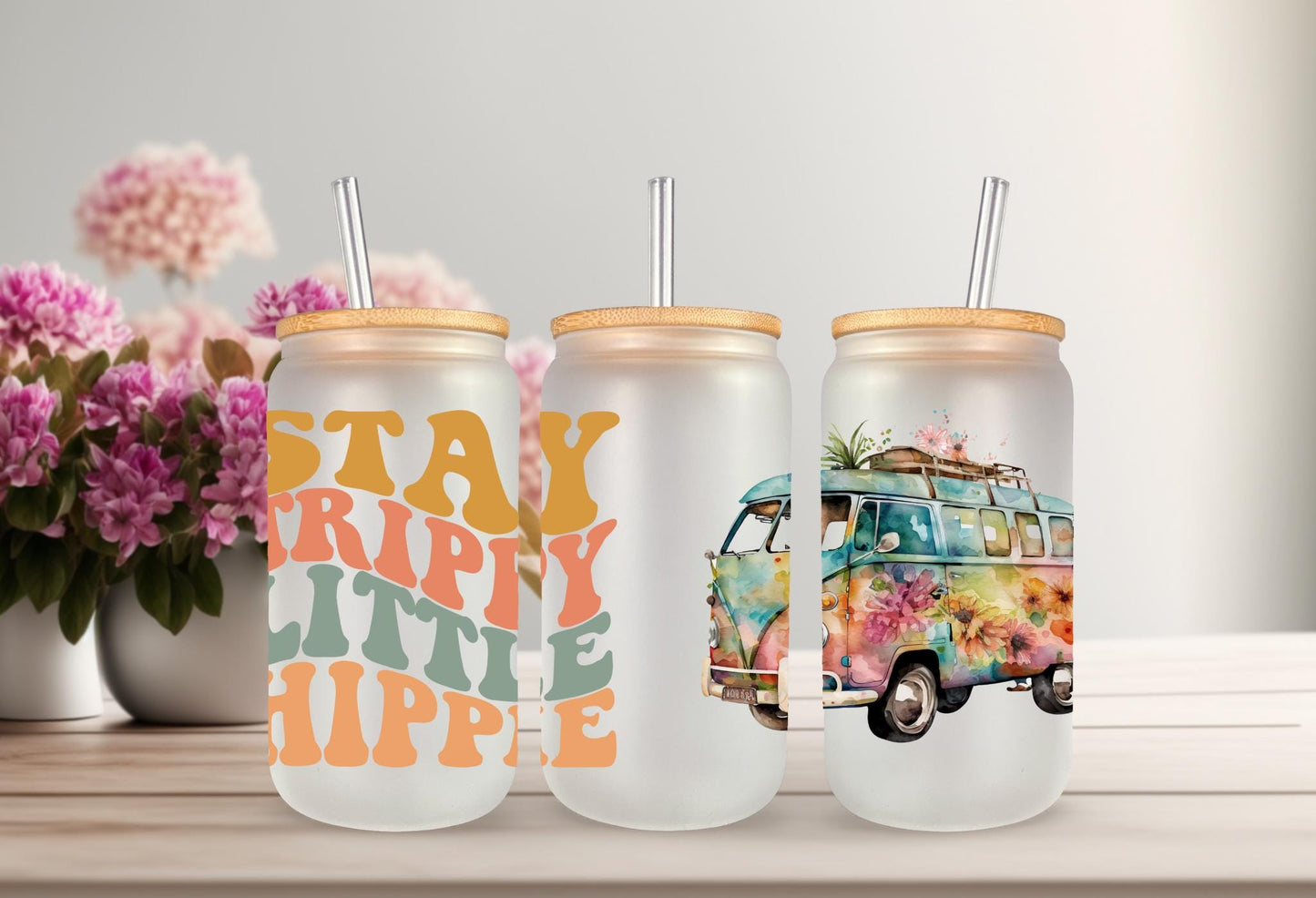 UVDTF Wrap Retro Stay Trippie Little Hippie Van 16oz Can Glass Mug Tumbler, Ready to apply, Permanent Waterproof Adhesive