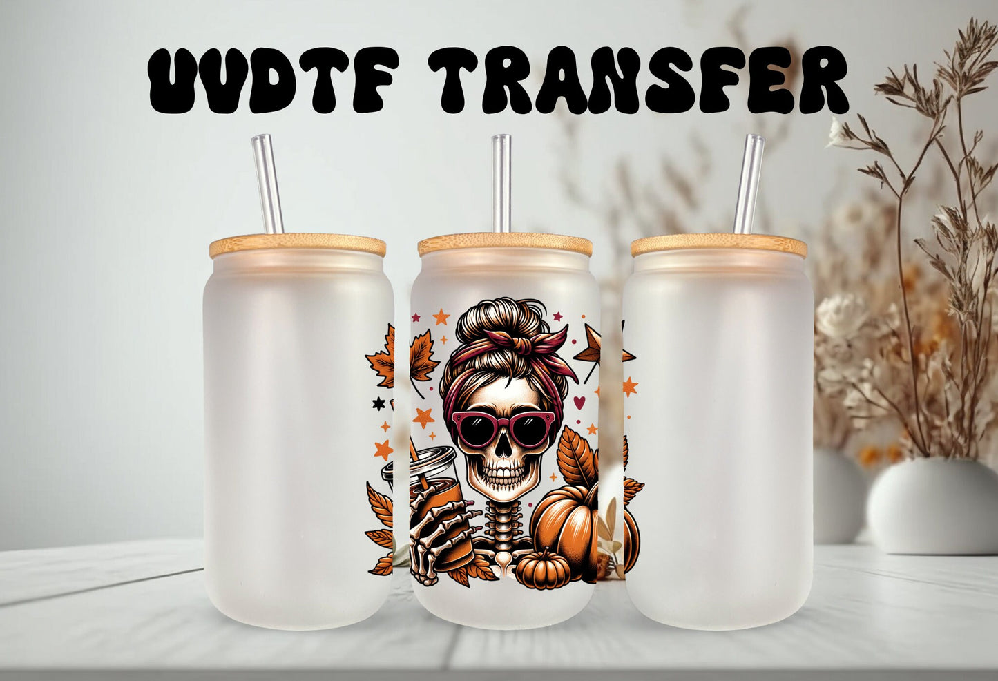 UVDTF Decal Fall Skeleton Pumpkin Iced Coffee 16oz Can Glass 40oz Tumbler or Mug, Ready to Apply, Permanent Waterproof Adhesive