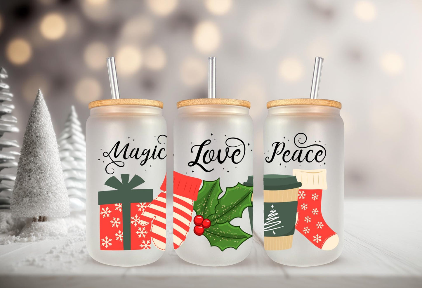UVDTF WRAP Christmas Presents Magic Love Peace 16 oz Can Glass Mug Tumbler, Christmas Wrap, Ready to apply, Waterproof Permanent Adhesive