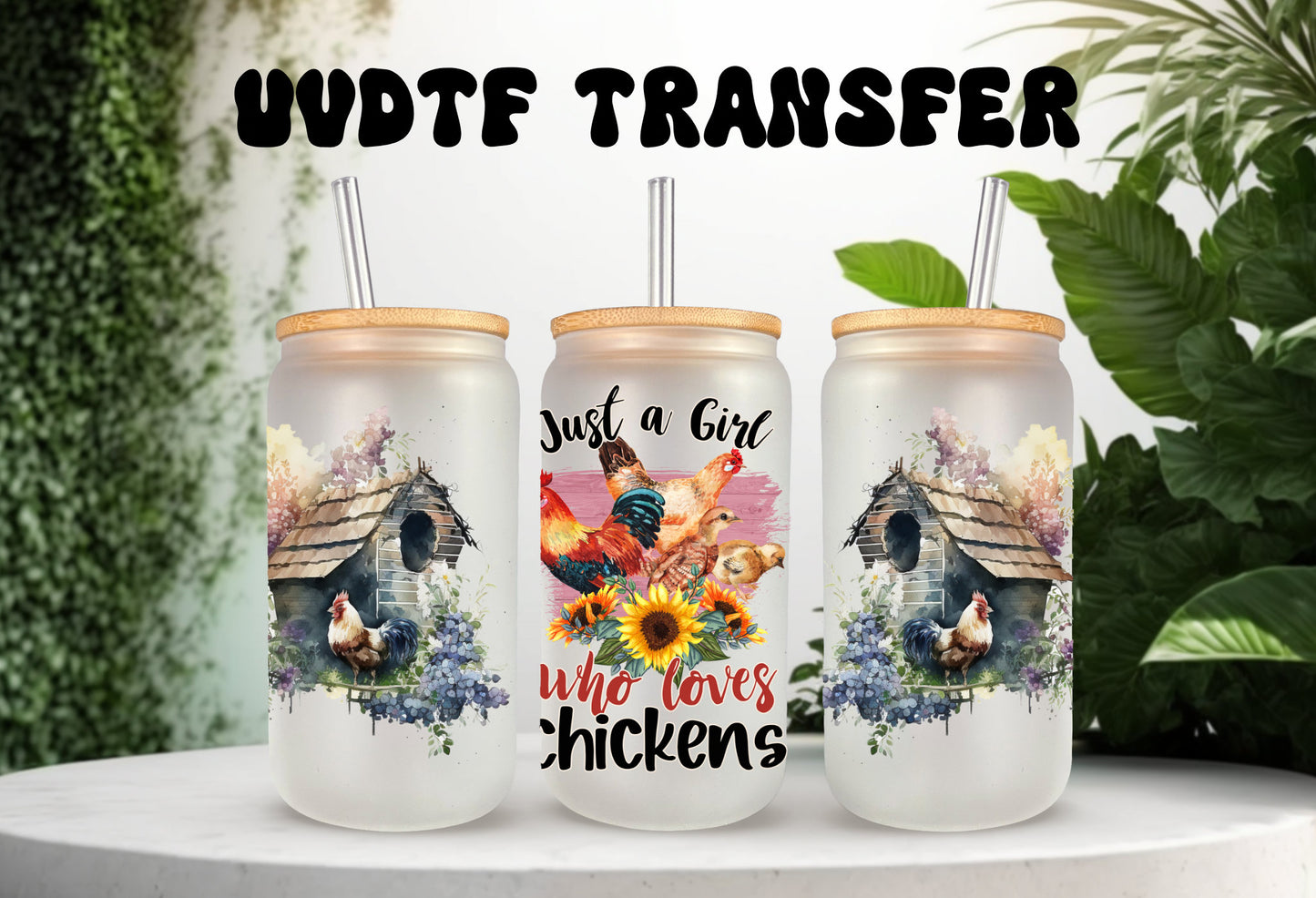 UVDTF Wrap Chickens Just a Girl Who Love 16oz Can Glass Mug Tumbler, Chicken Wrap, Ready to apply, Permanent Adhesive Waterproof