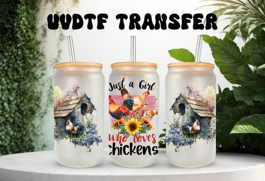 UVDTF Wrap Chickens Just a Girl Who Love 16oz Can Glass Mug Tumbler, Chicken Wrap, Ready to apply, Permanent Adhesive Waterproof
