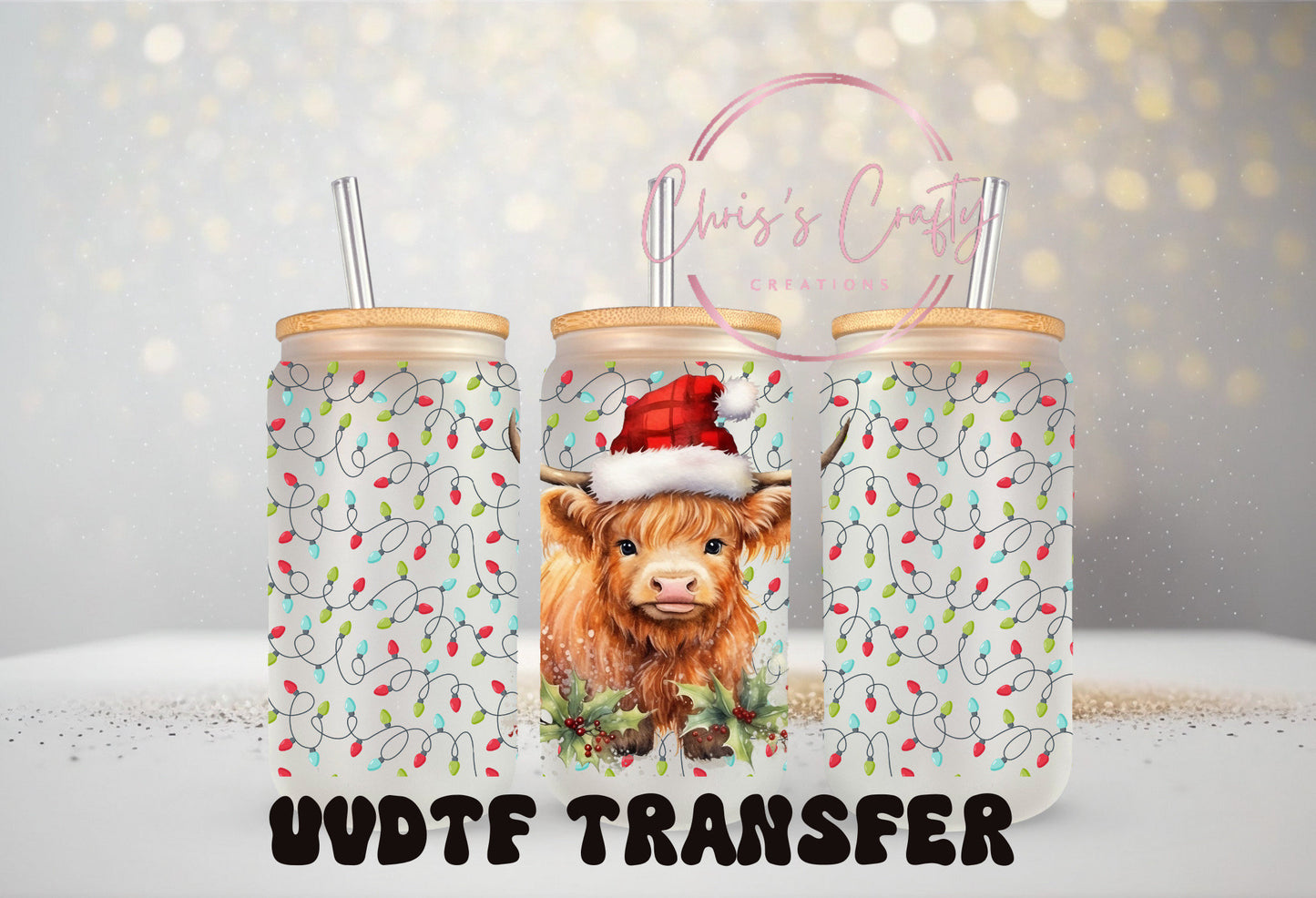 UVDTF Wrap Santa Highland Cow Christmas Lights 16oz Can Glass Mug or Tumbler, Christmas Wrap, Ready to apply , Permanent Waterproof Adhesive