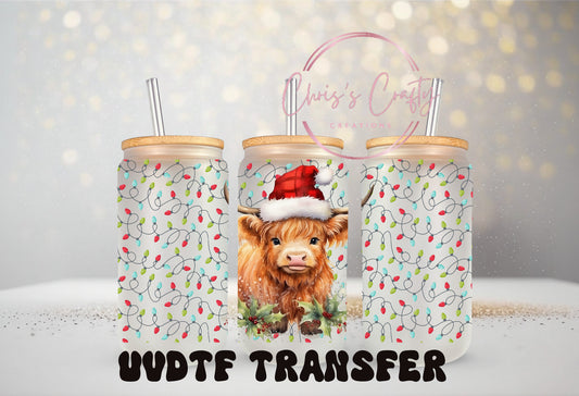 UVDTF Wrap Santa Highland Cow Christmas Lights 16oz Can Glass Mug or Tumbler, Christmas Wrap, Ready to apply , Permanent Waterproof Adhesive