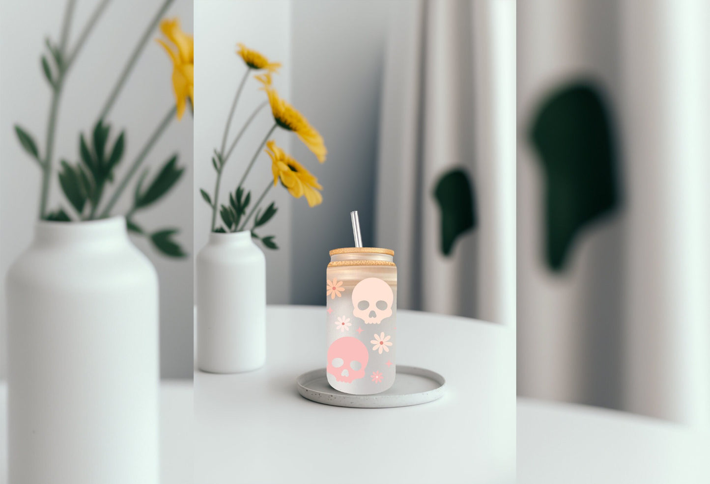 UVDTF Wrap Boho Pastel Skulls Flowers 16oz Can Glass, Mug Tumbler, Ready to apply, Permanent Waterproof Adhesive