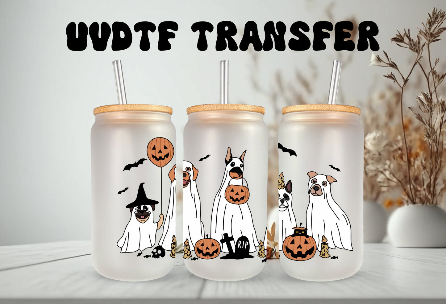 UVDTF Wrap Halloween Spooky Ghost Dogs for 16oz Can Glass Mug Tumbler, Ready to apply, Permanent adhesive, Double Sided option