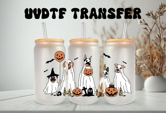 UVDTF Wrap Halloween Spooky Ghost Dogs for 16oz Can Glass Mug Tumbler, Ready to apply, Permanent adhesive, Double Sided option