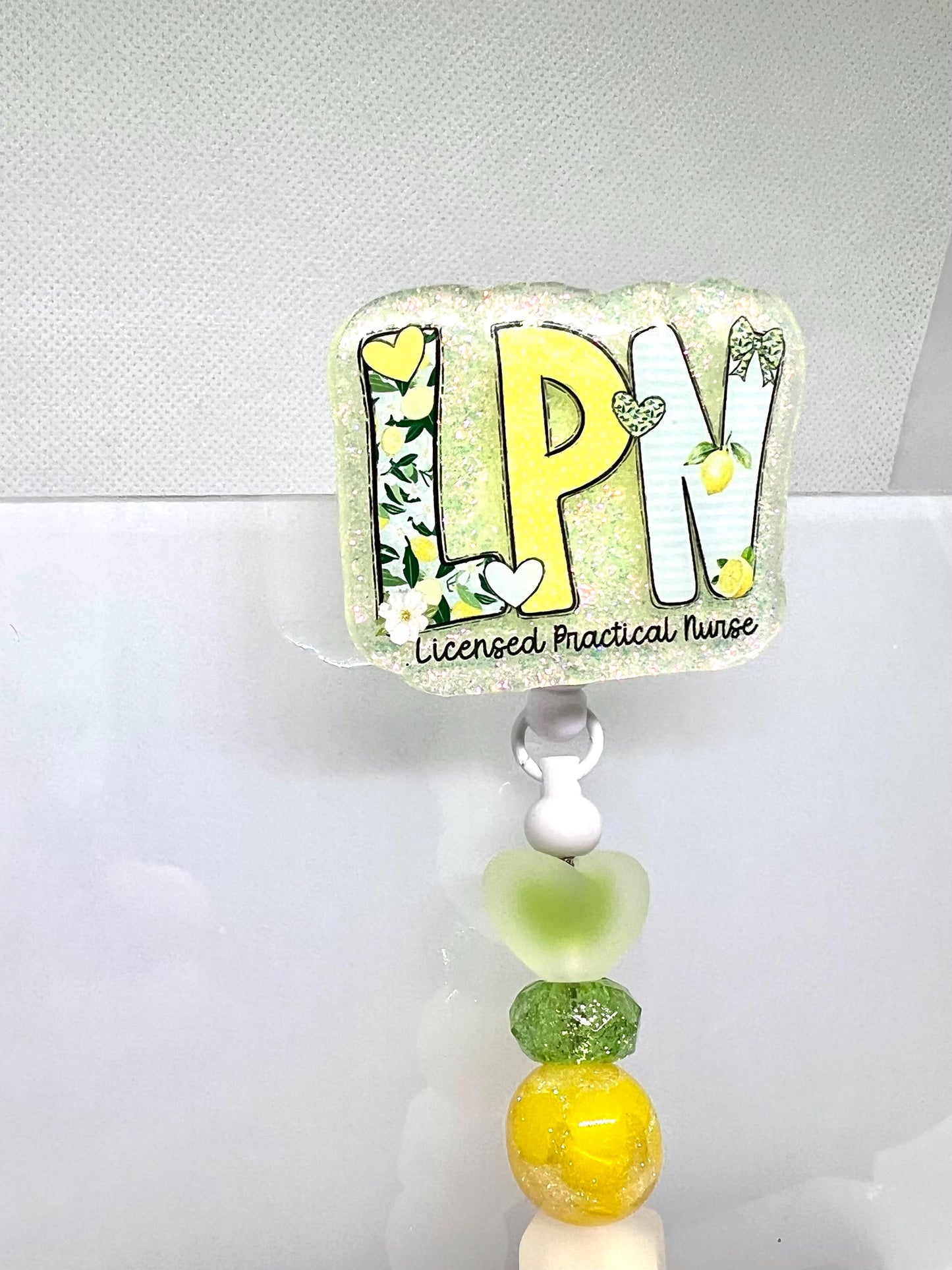 Glittery LPN Badge Reel – Lemon, Flower, and Heart Design for Licensed Practical Nurses, Retractable ID Holder