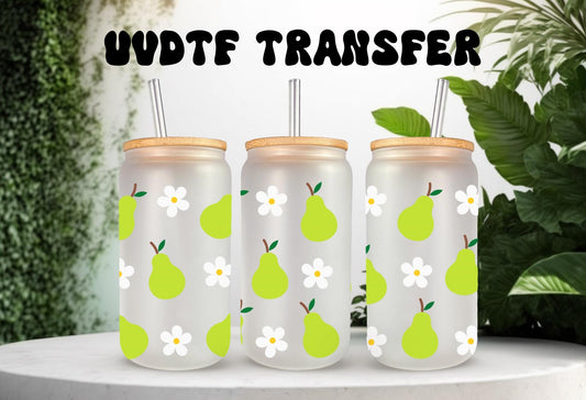 UV DTF Wrap Pears & Daisy for 16oz Can Glass Mug Tumbler, Ready to Apply, Permanent Waterproof Adhesive