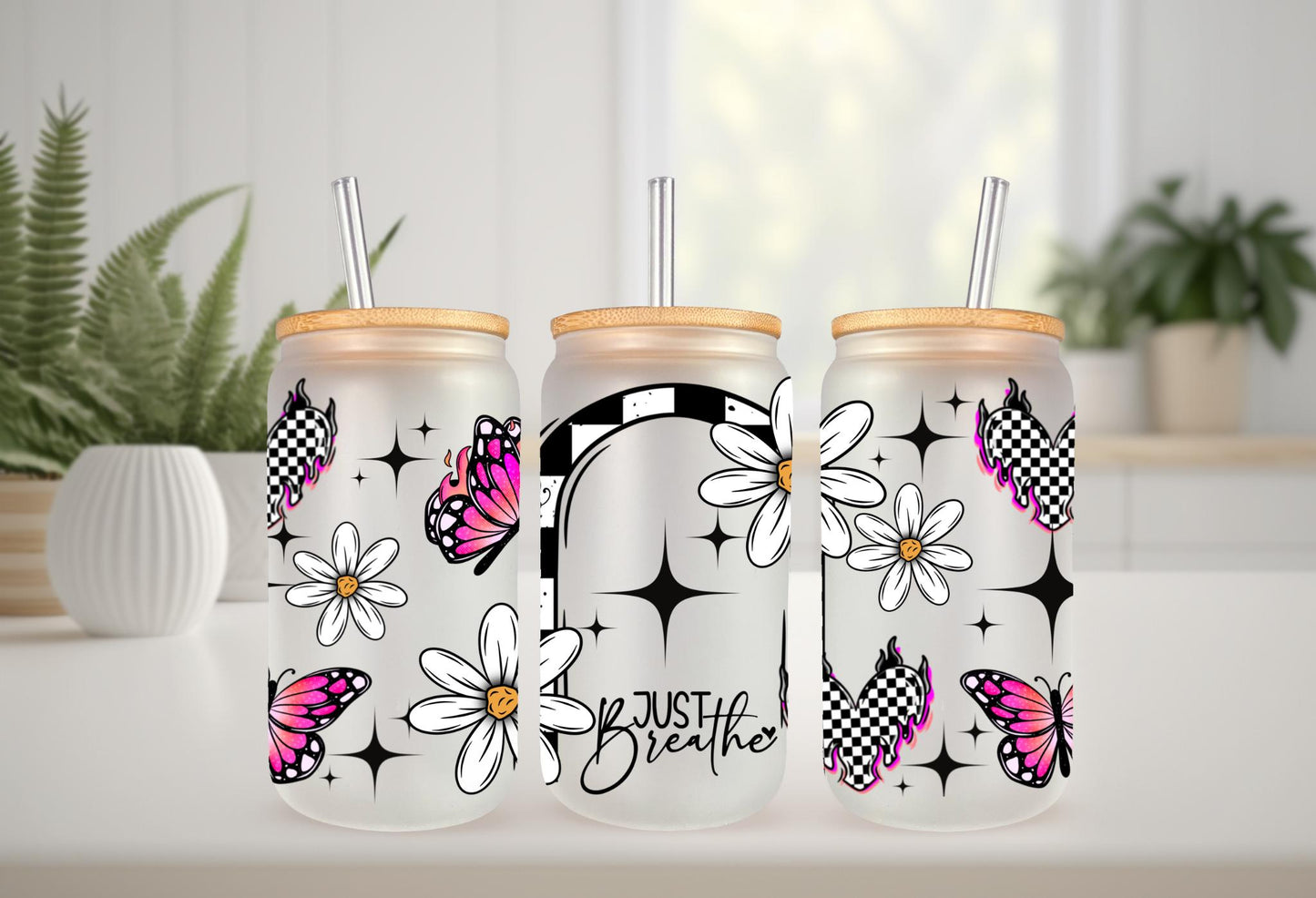 UVDTF Wrap Positive Saying Floral Butterfly 16oz Can Glass Mug Tumbler, Just Breathe Wrap, Ready to Apply, Permanent Waterproof Adhesive