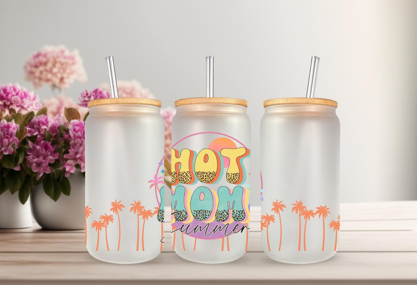 UVDTF Wrap Hot Mom Summer Leopard 16oz Can Glass Mug Tumbler, Ready to Apply, Permanent Water Adhesive
