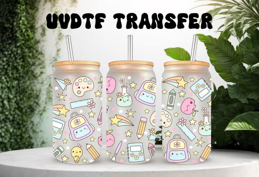UVDTF Wrap Back to School Teacher 16oz Can Glass Mug Tumbler Wrap, School Wrap, Ready to apply, Permanent Waterproof Adhesive
