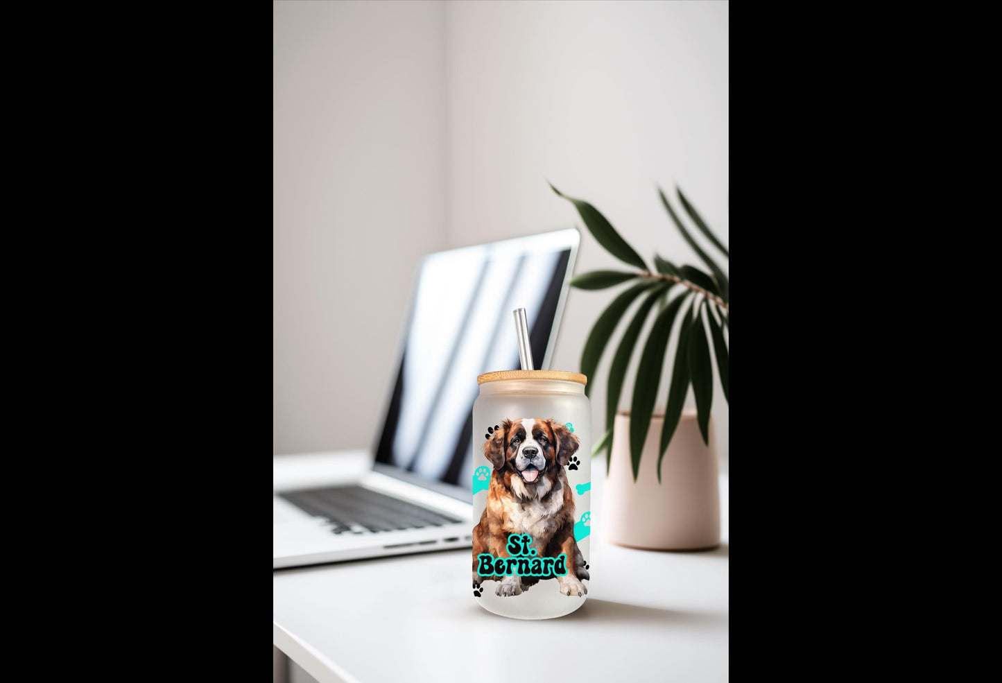 UVDTF Wrap St. Bernard 16oz Can Glass Mug Tumbler, Colorful Dog Wrap, Ready to apply, Permanent Waterproof Adhesive, Bundle Save Option