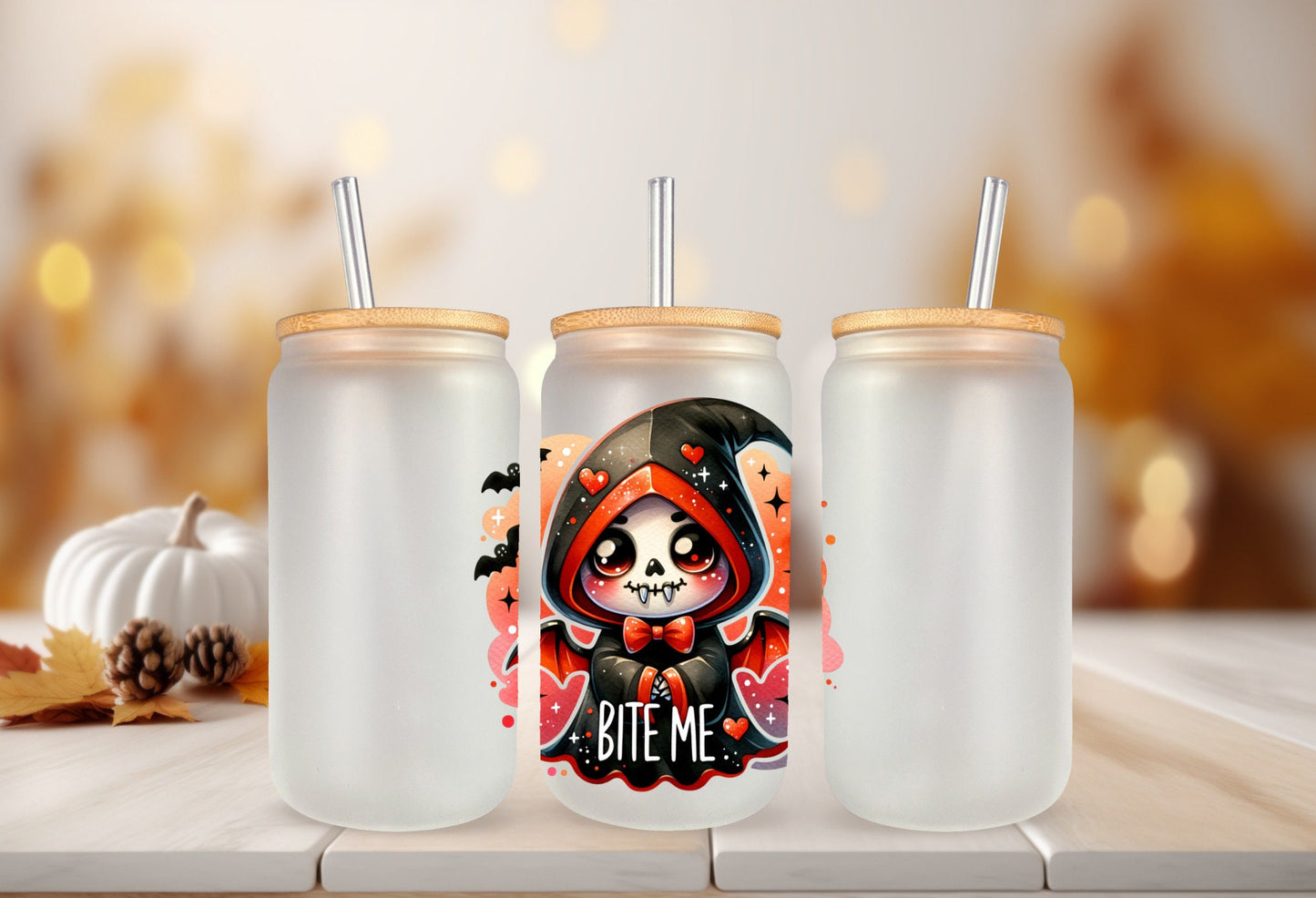 UVDTF Decal Skeleton Reaper Bite Me 16oz Can Glass, Tumbler or Mug, Nurse Decal, Ready to Apply, Permanent Waterproof Adhesive
