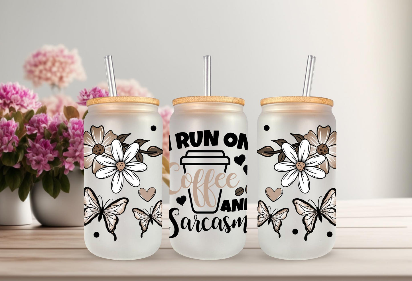UVDTF Wrap Sarcastic Funny Saying 16oz Can Glass Mug Tumbler, Run on Coffee and Sarcasm Wrap, Ready to Apply, Permanent Waterproof Adhesive