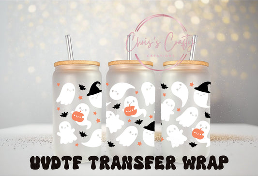 UVDTF Wrap Cute Ghost and Pumpkin for 16oz Can Glass Mug Tumbler, Ready to apply, Permanent Waterproof Adhesive