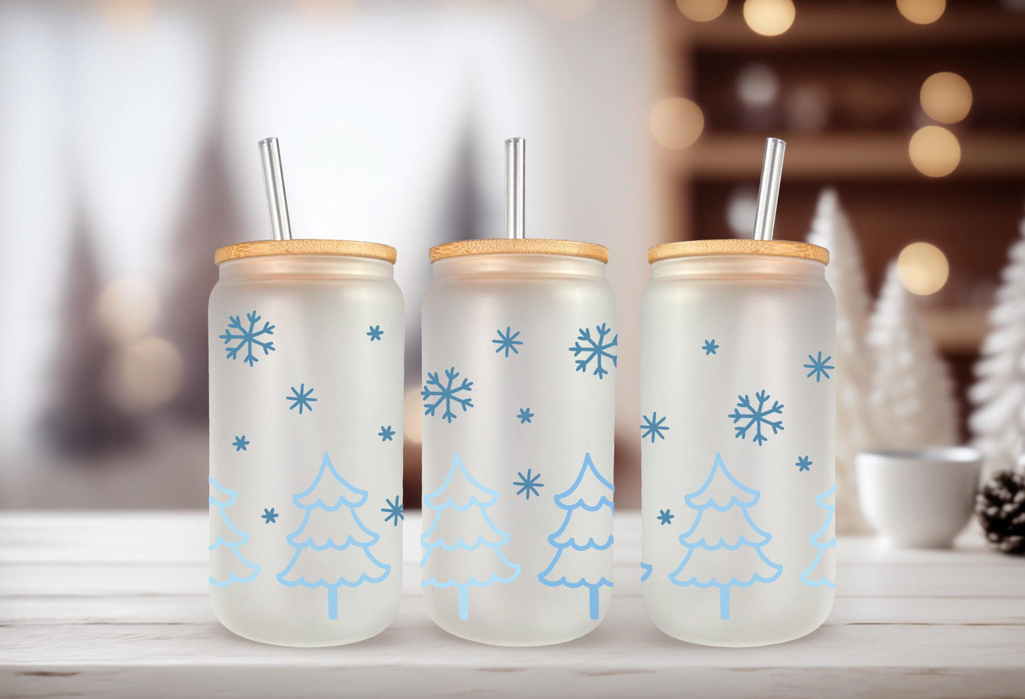 UVDTF Wrap Blue Snowflakes Trees 16oz Can Glass Mug Tumbler,, Ready to Apply, Permanent Waterproof Adhesive
