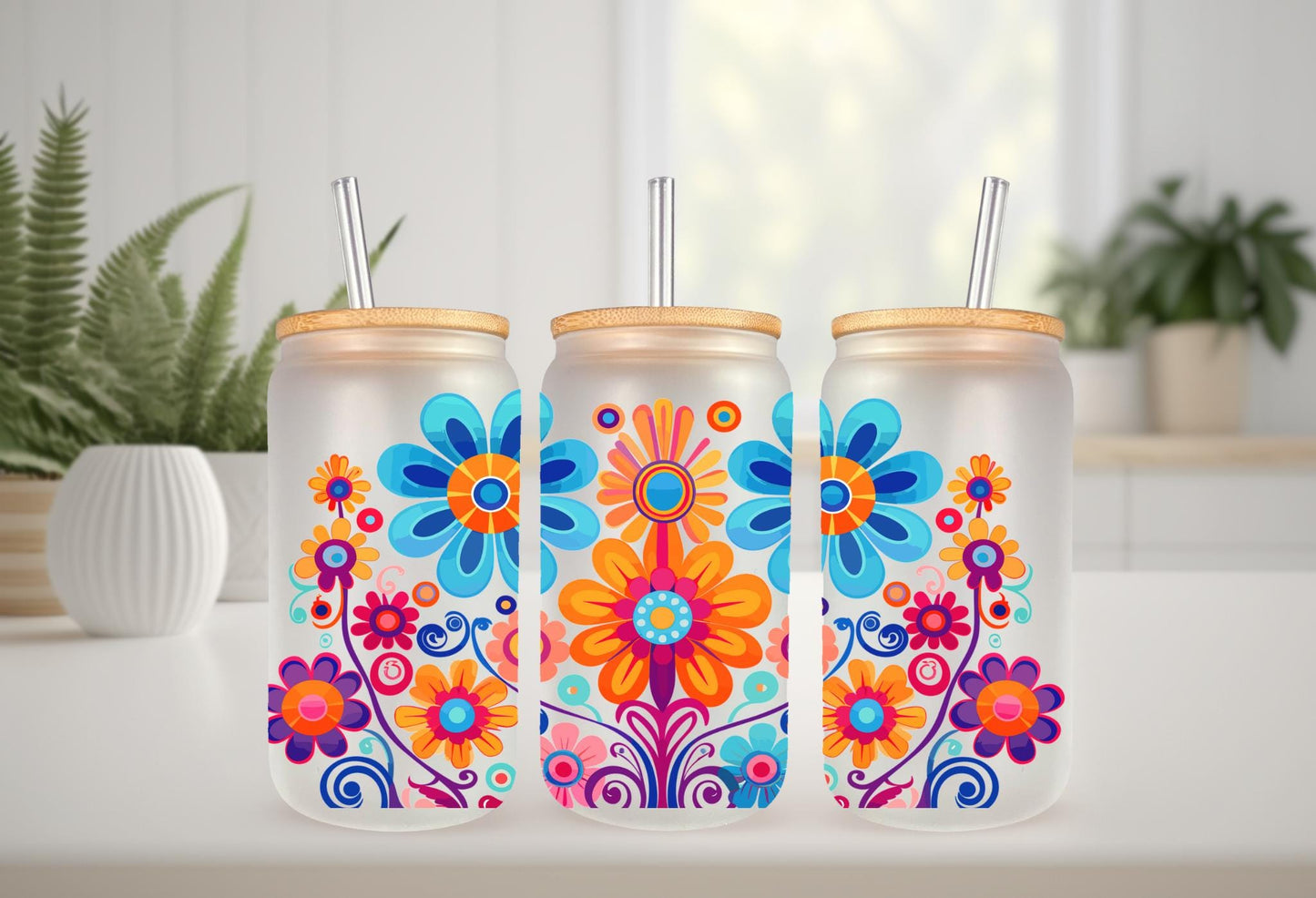 UVDTF Wrap Colorful Retro Flowers 16oz Can Glass Mug Tumbler,  Ready to apply, Permanent Waterproof adhesive