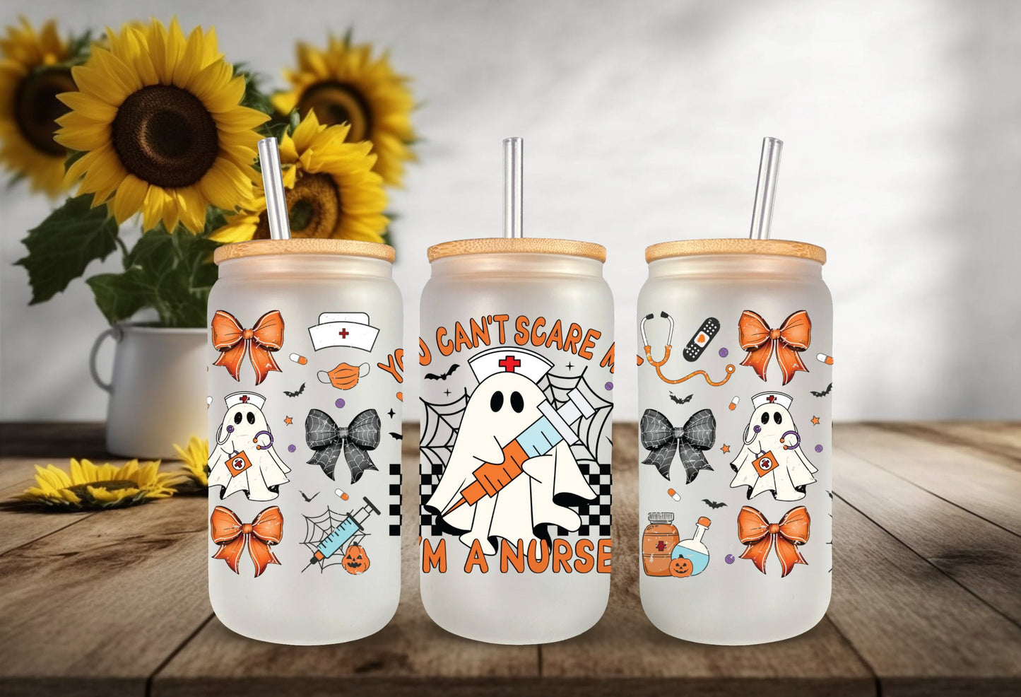 UVDTF Wrap Ghost You Can’t Scare Me I’m a Nurse Coquette Bows 16oz Can Glass, Mug,  40oz Tumbler, Halloween Wrap, Permanent Adhesive