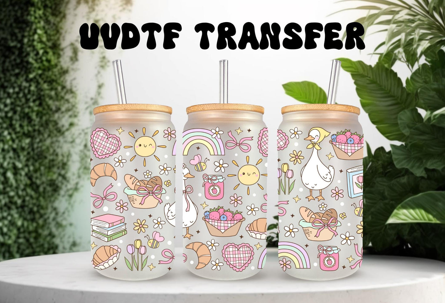 UVDTF Wrap Spring Floral Goose Picnic 16oz Can Glass Mug Tumbler Wrap, White Goose, Ready to apply, Permanent Waterproof Adhesive