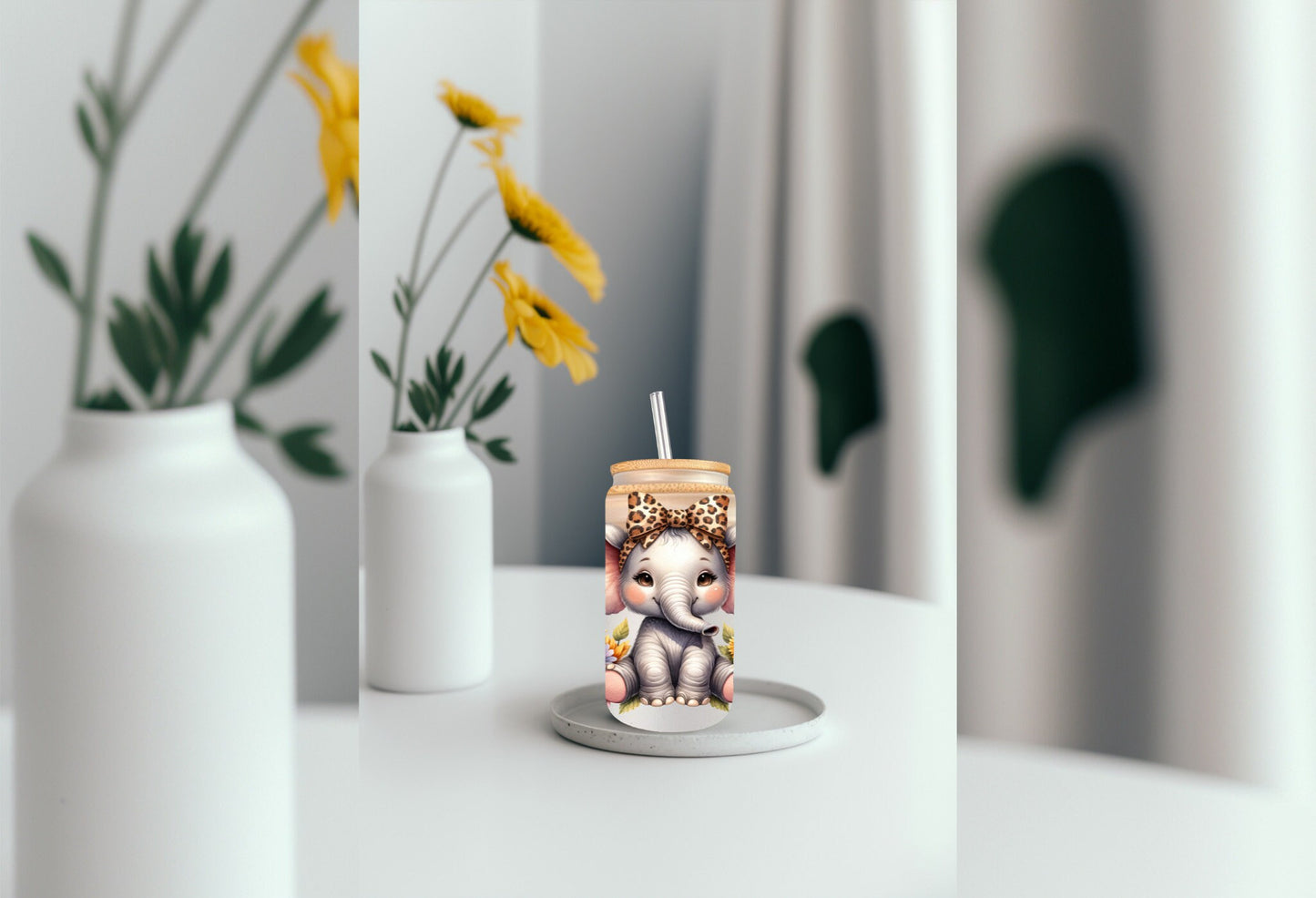 UVDTF Wrap Elephant Sunflowers 16oz Can Glass Mug Tumbler Wrap, Ready to apply, Permanent Adhesive, Double sided option