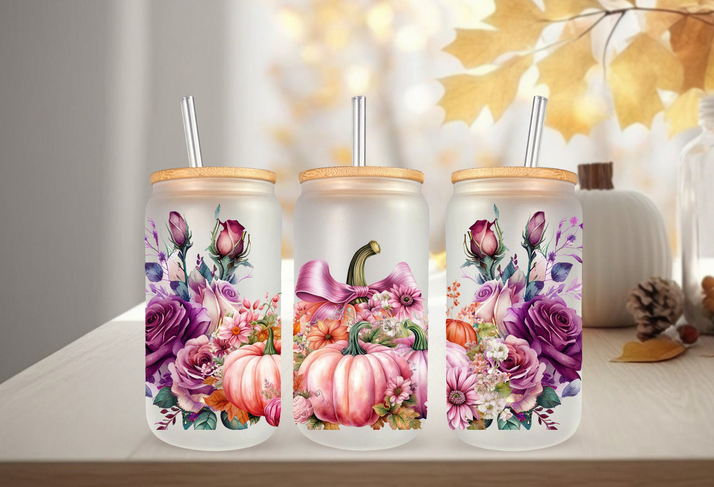 UVDTF Wrap Fall Pumpkin Pink Floral 16oz Can Glass, Mug, Tumbler Wrap, Ready to Apply, Permanent Waterproof Adhesive