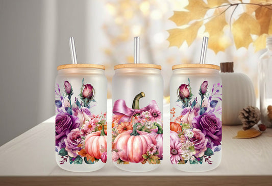UVDTF Wrap Fall Pumpkin Pink Floral 16oz Can Glass, Mug, Tumbler Wrap, Ready to Apply, Permanent Waterproof Adhesive