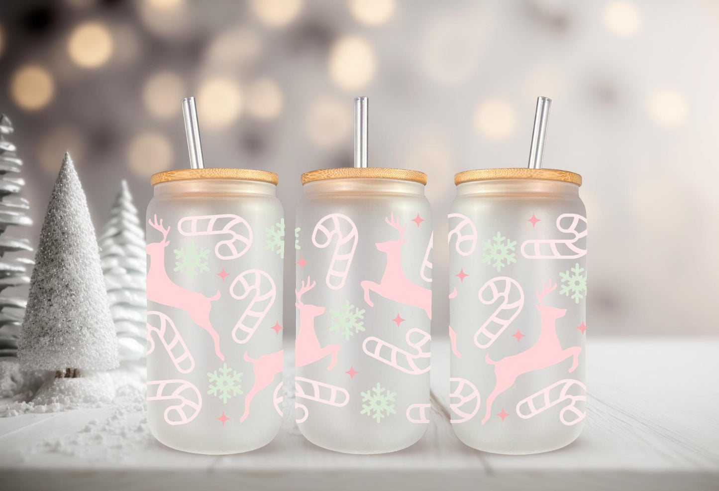UVDTF Wrap Pastel Reindeer Candy 16oz Can Glass Mug Tumbler, Ready to Apply, Permanent Waterproof Adhesive