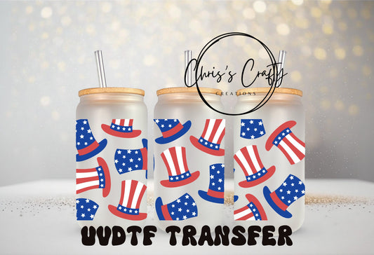 UVDTF Patriotic Hats Independence Day 16oz Can Glass Mug Tumbler, Ready to apply, Permanent Waterproof Adhesive