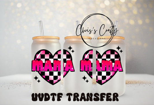 UVDTF Wrap Valentines Mama Checker Heart Exclusive for 16 oz can glass Mug Tumbler, Ready to Apply, Permanent Waterproof Adhesive