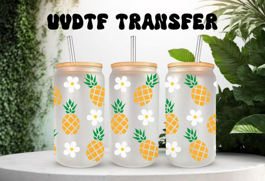 UV DTF Wrap Transfer for 16 oz Can Glass - pineapple & Daisy Design Perfect for Crafting, Custom Drinkware, Tumblers, and Gifts