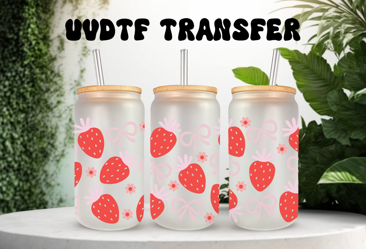 UVDTF Wrap Strawberry Coquette Bows for 16 oz Can Glass, Mug, Tumbler, Mug, Ready to Apply, Permanent Waterproof Adhesive, Apply to Cup