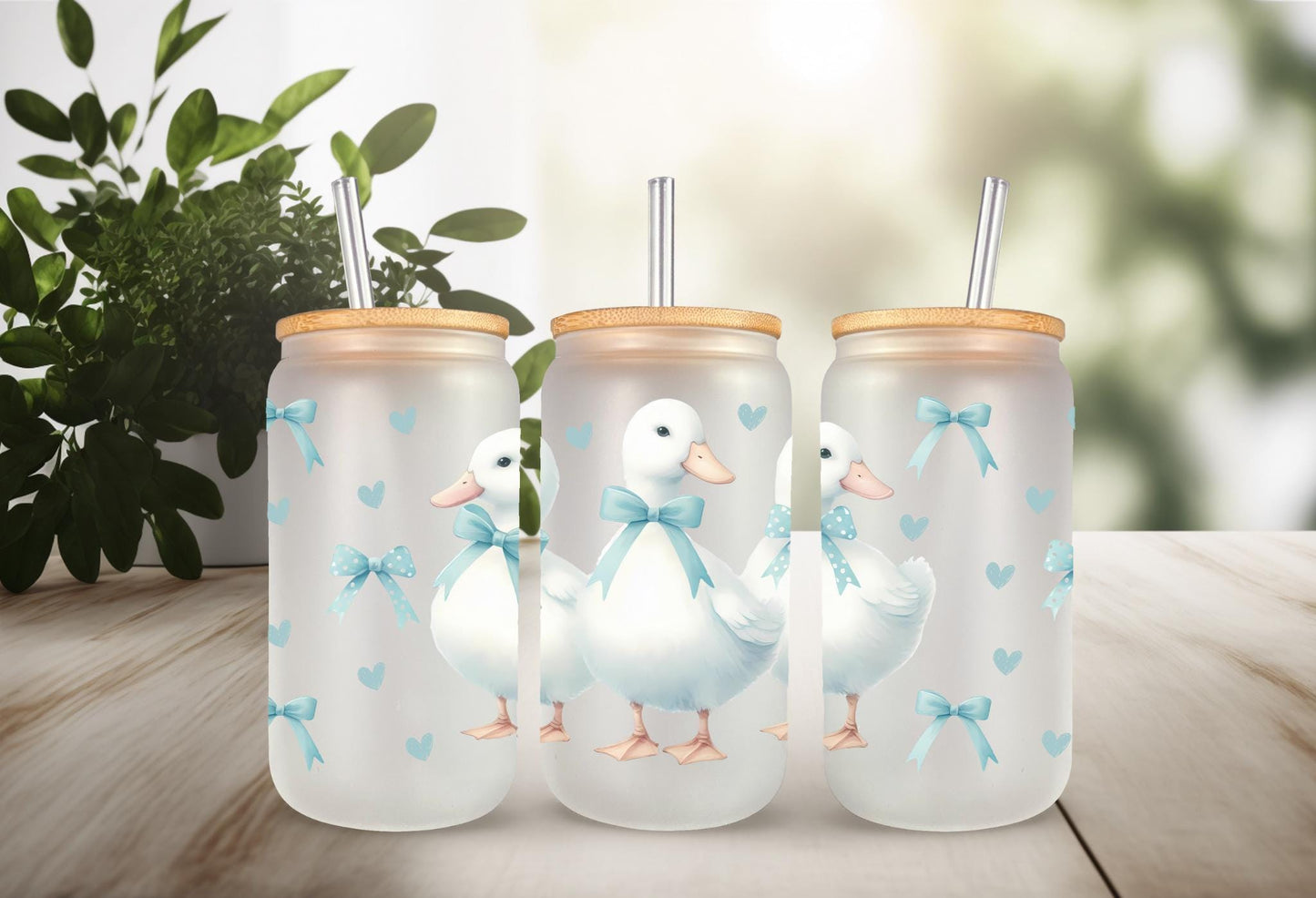 UVDTF Wrap Goose Blue Bows 16oz Can Glass Mug Tumbler, Ready to apply, Permanent Adhesive, Double sided option