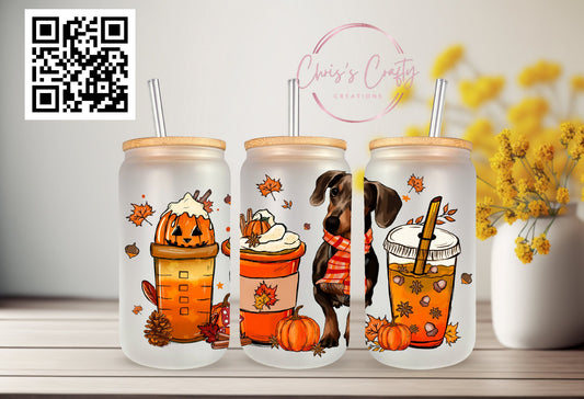 UVDTF Wrap Pumpkin Iced Coffee Dachshund 16oz Can Glass Mug Tumbler, Ready to apply, Permanent Waterproof Adhesive