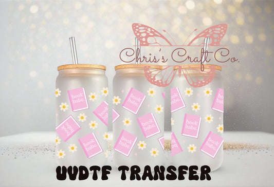 UVDTF Wrap Book Babe Pastel Pink 16oz Can Glass Mug Tumbler, Ready to apply, Permanent Waterproof Adhesive, Add on a Cup