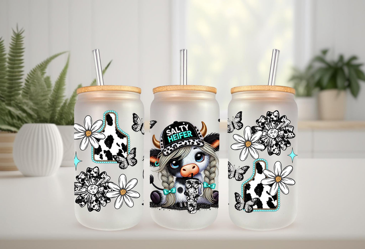 UVDTF Wrap Highland Cow Salty Heifer 16oz Can Glass Mug Tumbler Wrap, Cow Print, Ready to apply, Permanent Waterproof Adhesive