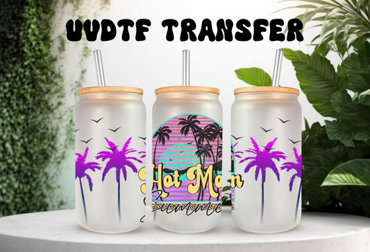 UVDTF Wrap Hot Mom Summer Palms for 16oz Can Glass Mug Tumbler, Ready to apply, Permanent waterproof adhesive