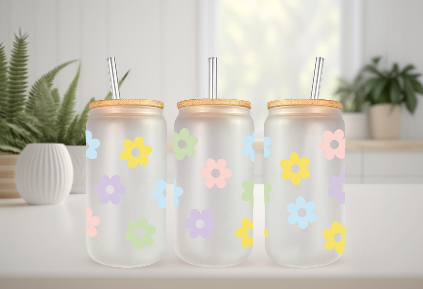 UVDTF Wrap Retro Flowers 16oz Can Glass Mug Tumbler, Floral Wrap, Ready to apply, Permanent Waterproof Adhesive