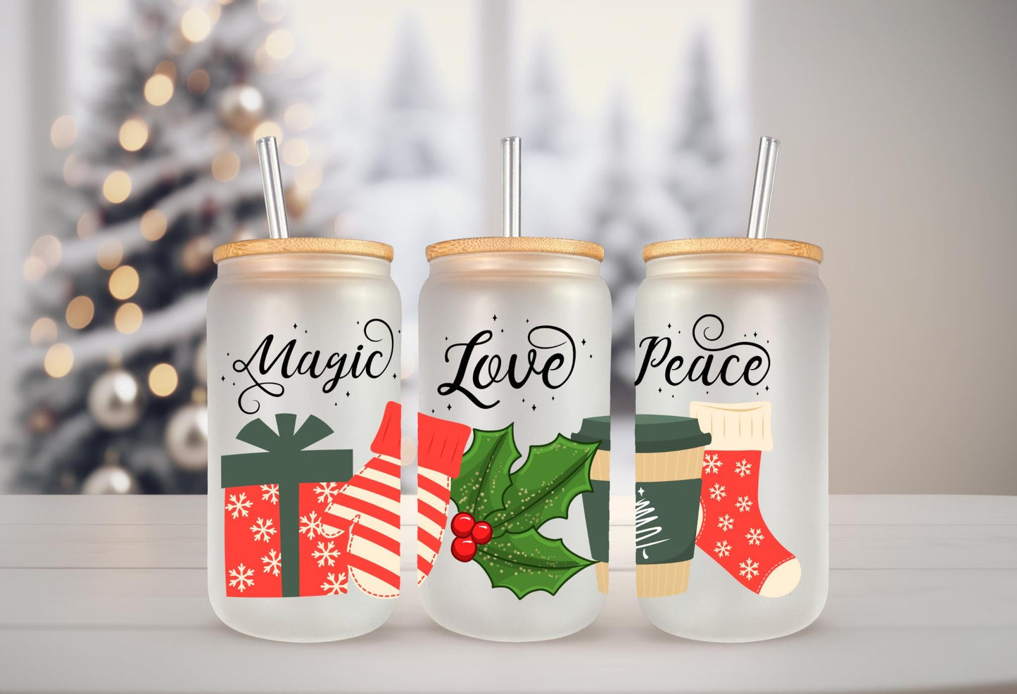 UVDTF WRAP Christmas Presents Magic Love Peace 16 oz Can Glass Mug Tumbler, Christmas Wrap, Ready to apply, Waterproof Permanent Adhesive