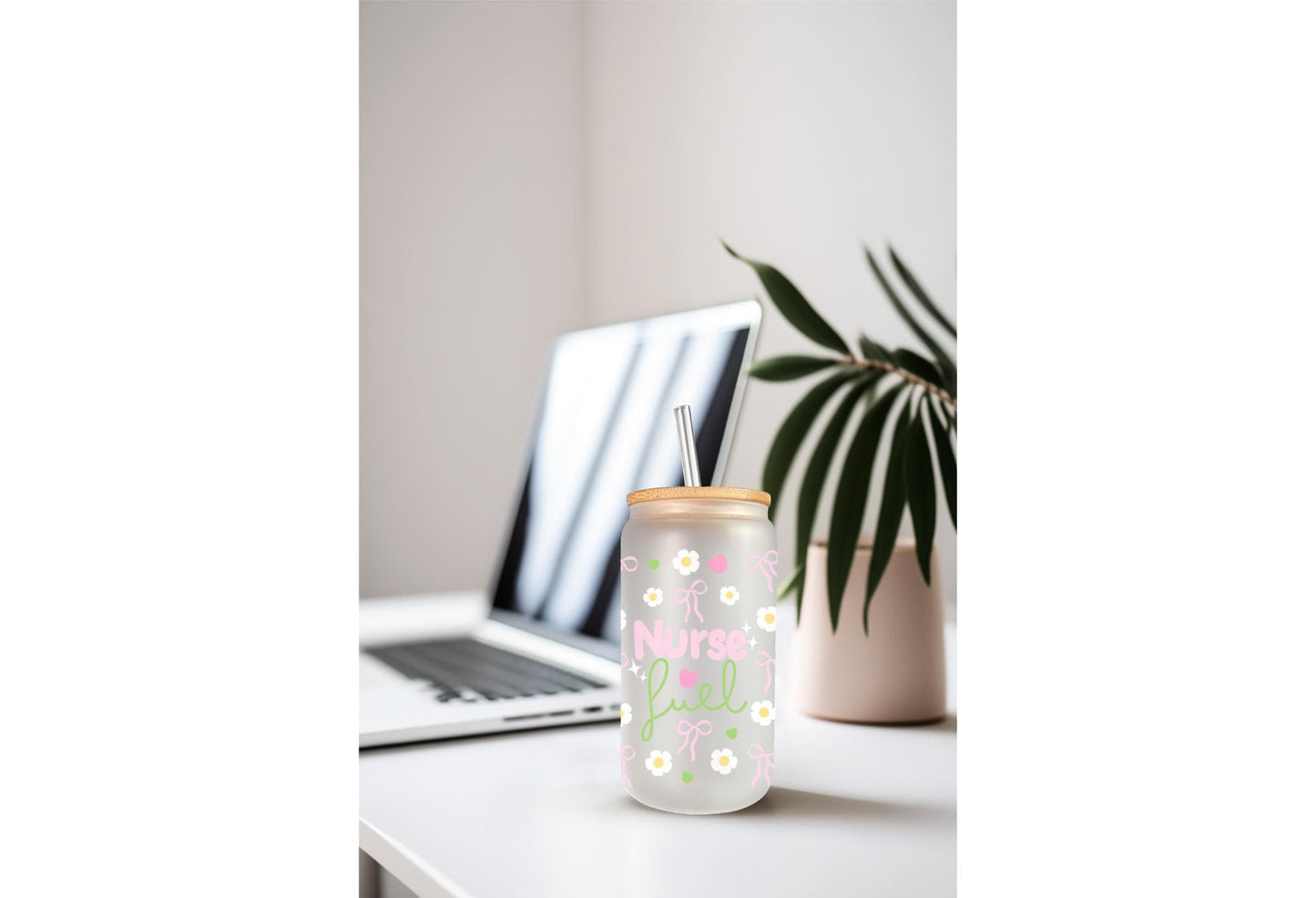 UVDTF Wrap Nurse Fuel Pastel Bow 16oz Can Glass Mug Tumbler, Medical Wrap, Ready to Apply, Permanent Waterproof Adhesive