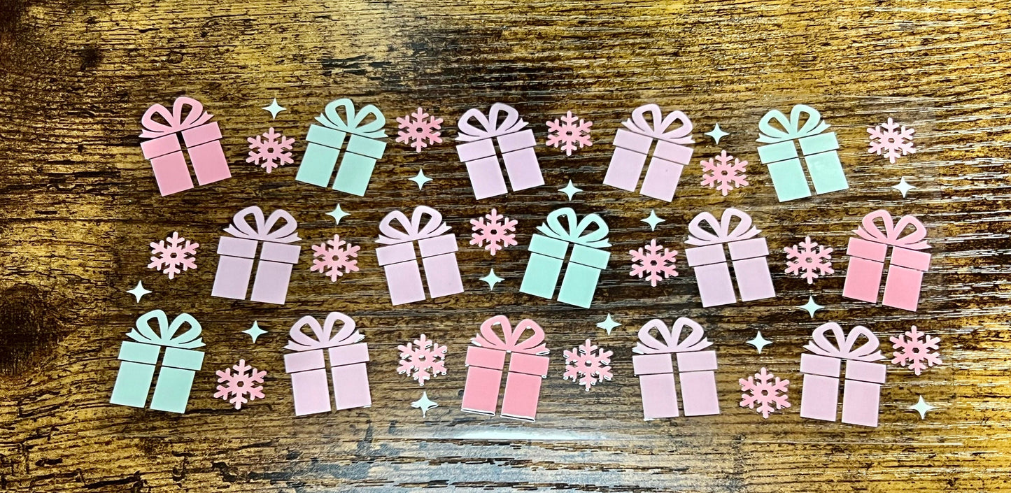 UVDTF WRAPS Pastel Pink Christmas Wrap Bundle Set of 4 for 16oz Can Glass Mug Tumbler, Ready to Apply, Permanent Waterproof Adhesive