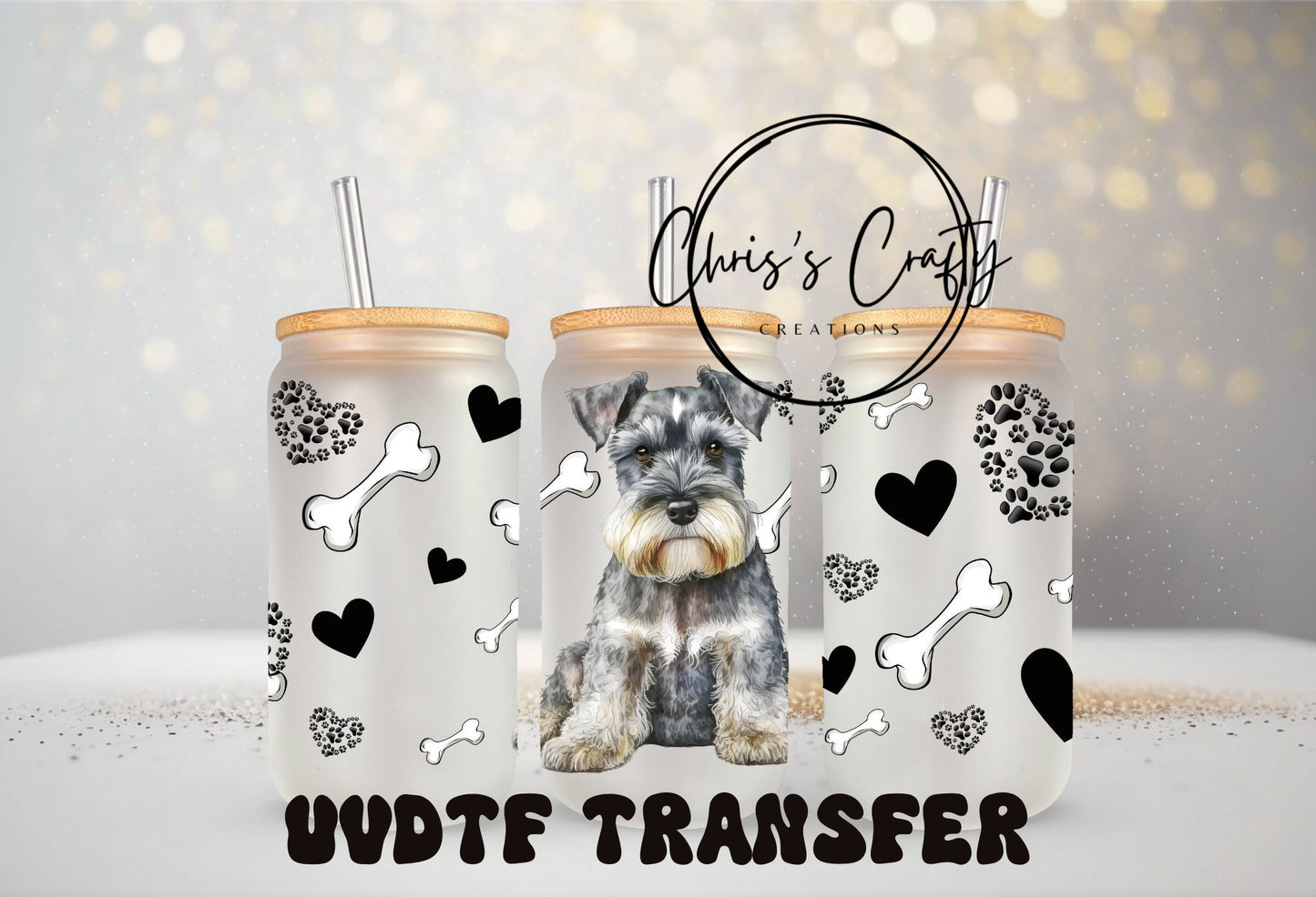 UVDTF Wrap Schnauzer Dog 16oz Can Glass Mug Tumbler, Dog mom, Gifts Ideas, Ready to apply, Permanent Waterproof Adhesive, Add on a Cup