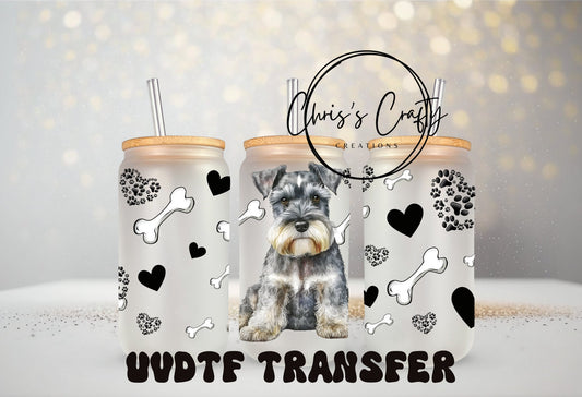 UVDTF Wrap Schnauzer Dog 16oz Can Glass Mug Tumbler, Dog mom, Gifts Ideas, Ready to apply, Permanent Waterproof Adhesive, Add on a Cup
