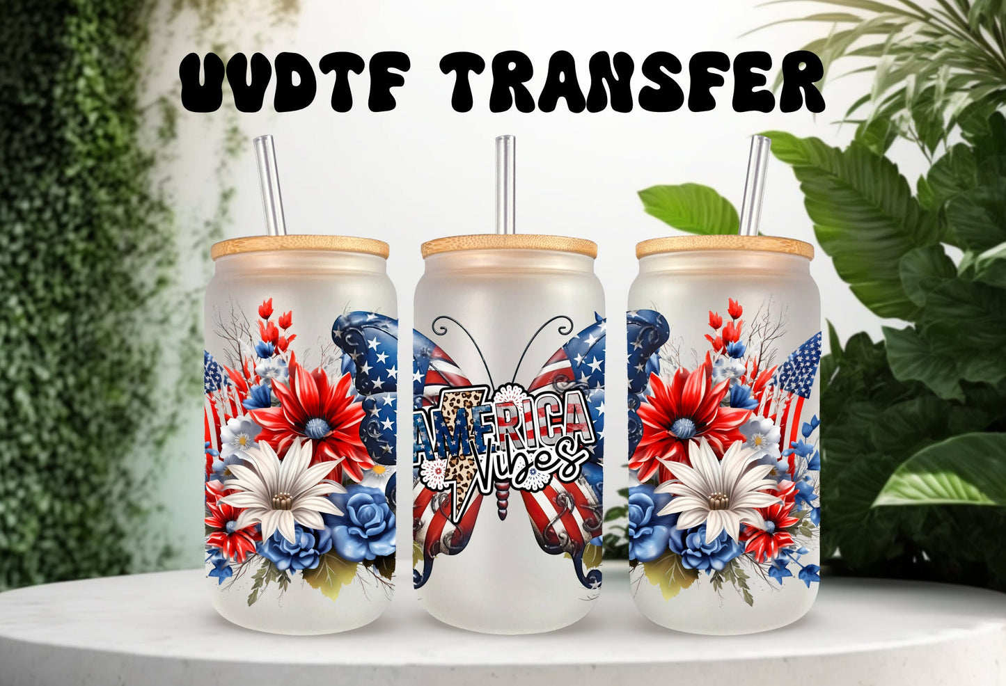 UVDTF Wrap America Vibes Butterfly for 16 oz Can Glass Mug Tumbler, Ready to Apply, Permanent Waterproof Adhesive