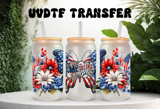 UVDTF Wrap America Vibes Butterfly for 16 oz Can Glass Mug Tumbler, Ready to Apply, Permanent Waterproof Adhesive